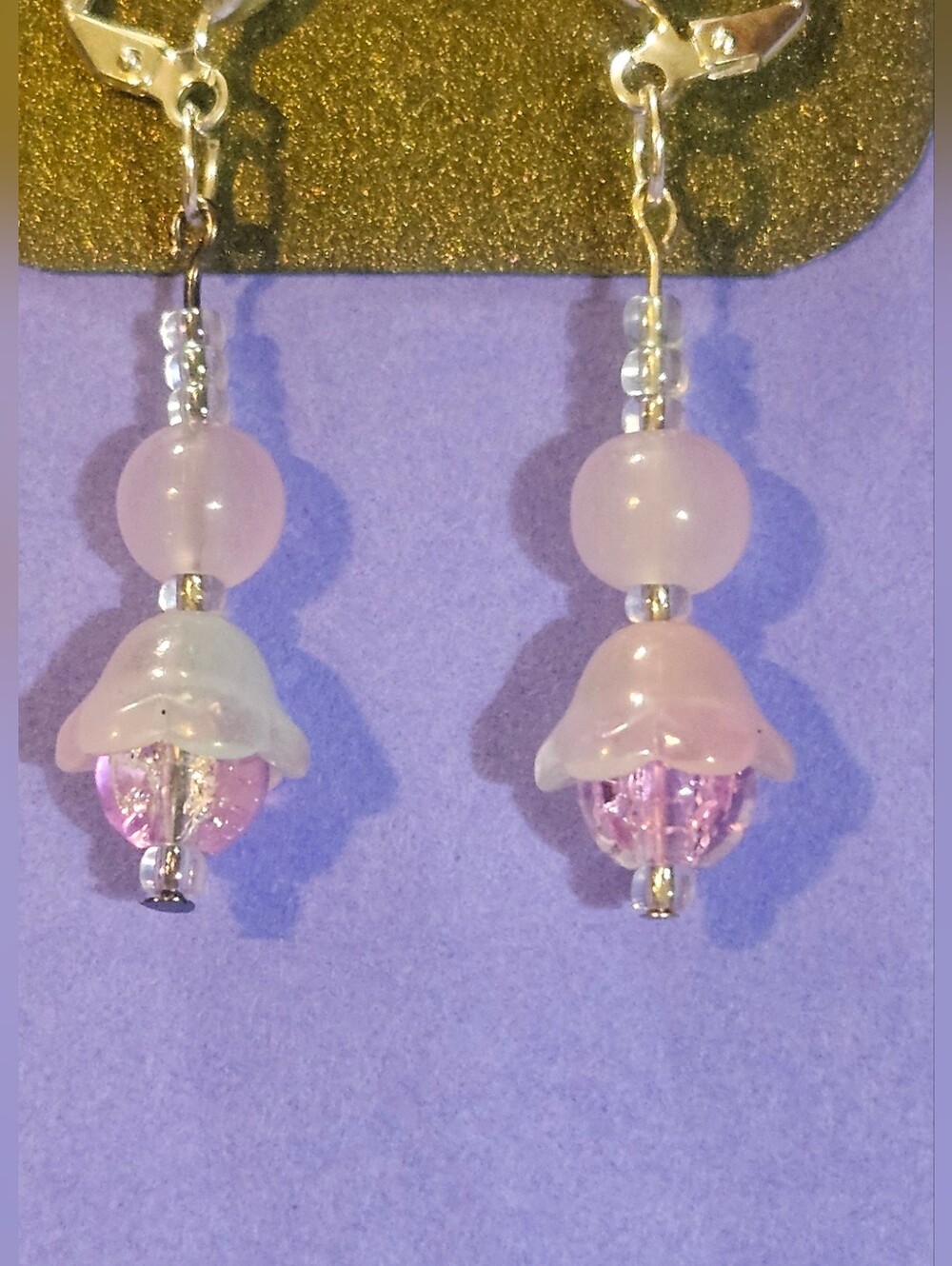 Handcrafted Pink Glass Flower Drop Earrings Silver tone Accents